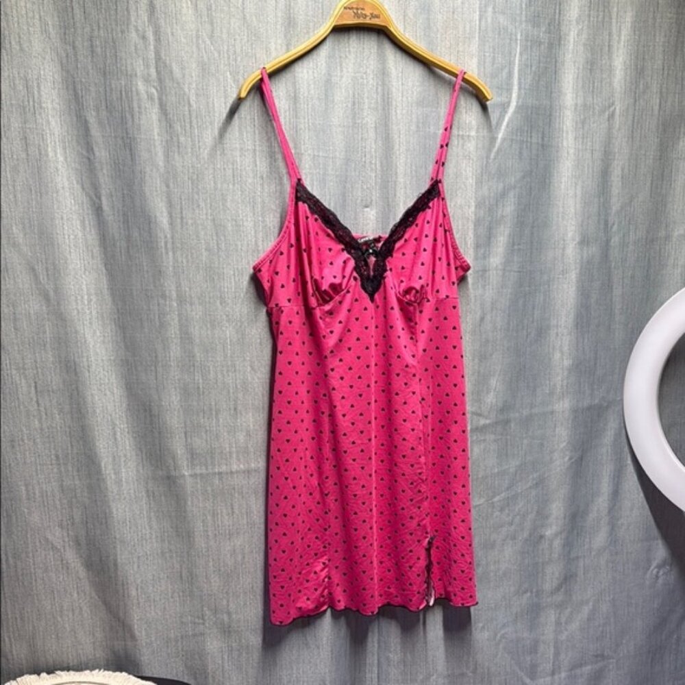 Pink Polka Dot Nightgown with Black Lace Trim size large